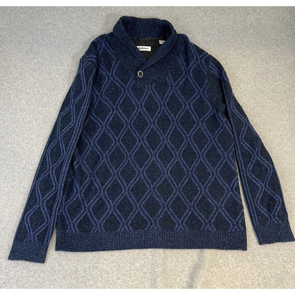 Tommy Bahama Pullover Sweater Mens L Wool Silk‎ Blend Navy Blue Single Button